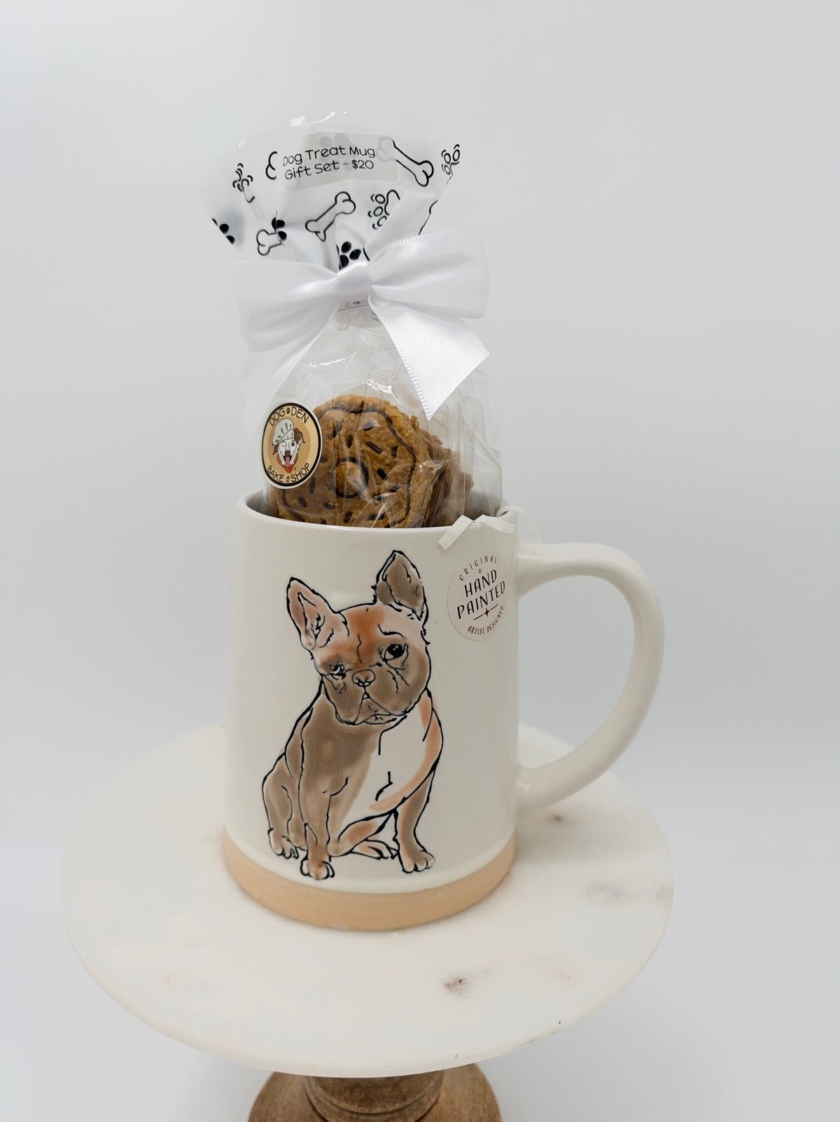 French Bulldog Donut Mug Gift Set on stand